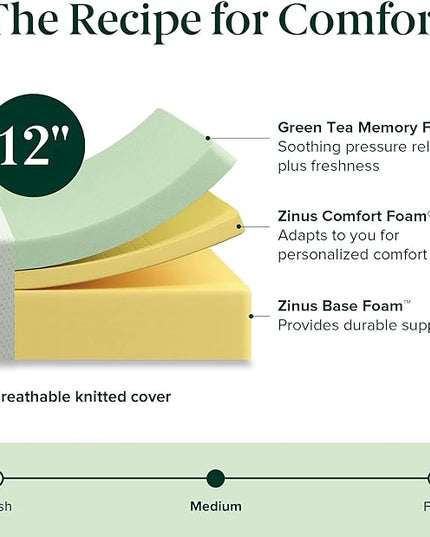 ZINUS 12 Inch Green Tea Memory Foam Mattress [New Version], Queen, Fiberglass free, Medium Firm Feel, Zoned Pressure Relief, Certified Safe Foams & Fabric, Mattress in A Box - LeafyLoom