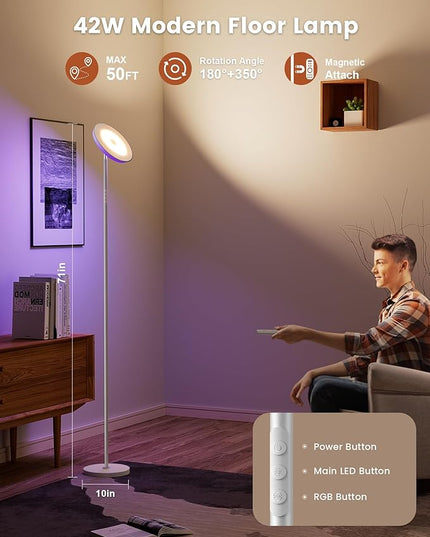 42W Floor Lamp, 3700LM Super Bright Standing Lamp with Side Light & Timer, Tall Lamp with Remote & Touch Control, 2700K-6500K Dimmable Torchiere Floor Lamp for Living Room, Office - LeafyLoom