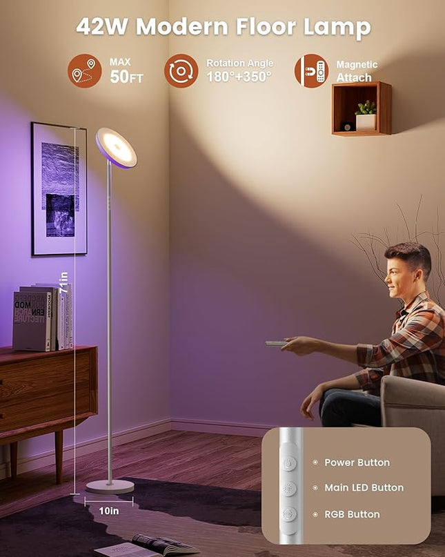 42W Floor Lamp, 3700LM Super Bright Standing Lamp with Side Light & Timer, Tall Lamp with Remote & Touch Control, 2700K-6500K Dimmable Torchiere Floor Lamp for Living Room, Office - LeafyLoom