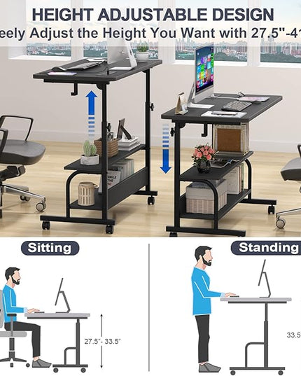 Height Adjustable Standing Desk with Power Outlets, 32" Manual Stand Up Desk with Storage Shelves Small Mobile Rolling Computer Desk Portable Laptop Table with Wheels for Home Office, Black - LeafyLoom