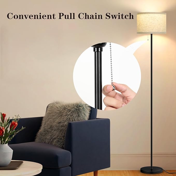 VerRon Floor Lamp for Living Room, Standing Lamp with 3 Color Temperatures LED Bulb, Tall Lamp for Bedroom Office, Black Floor Lamp with Pull Chain, Modern Corner Floor Lamp Bright Light - LeafyLoom