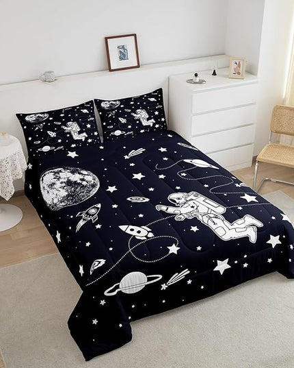 Feelyou Solar System Comforter Set Twin Size Outer Space Comforter for Kids Teens Adults Universe Planets Bedding Set Cute Astronaut Blue White Duvet Set Room Decor 2Pcs with 1 Pillow Case - LeafyLoom