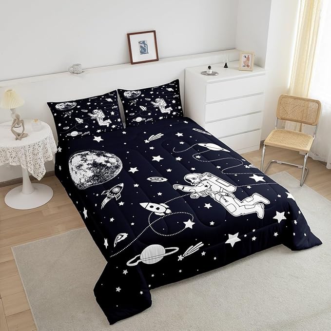 Feelyou Solar System Comforter Set King Size Outer Space Comforter for Kids Teens Adults Universe Planets Bedding Set Cute Astronaut Blue White Duvet Set Room Decor 3Pcs with 2 Pillow Case - LeafyLoom