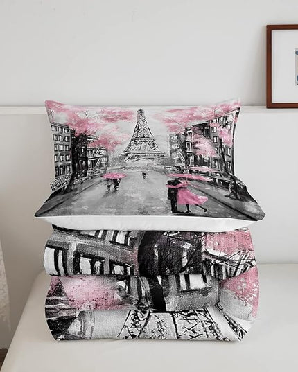 Paris Comforter Set French Eiffel Tower Bedding Sets Twin for Girls Kids Women Paris Themed Bedroom Decor Watercolor Cherry Blossoms Comforter Couple Retro Gray Building Quilted Duvet Pink Grey 2 Pcs - LeafyLoom