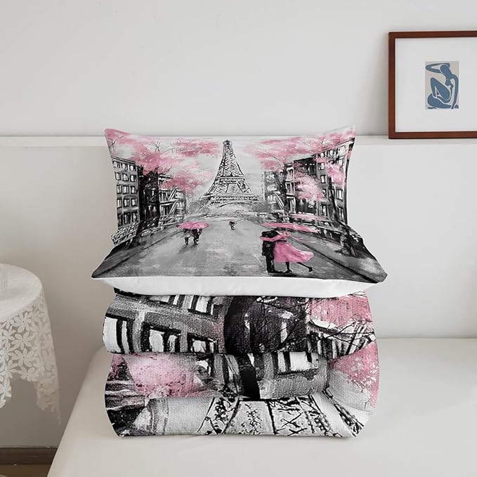 Paris Comforter Set French Eiffel Tower Bedding Sets Twin for Girls Kids Women Paris Themed Bedroom Decor Watercolor Cherry Blossoms Comforter Couple Retro Gray Building Quilted Duvet Pink Grey 2 Pcs - LeafyLoom