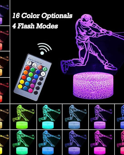 Baseball Player Night Light,3D Illusion Lamp Baseball Player Lights for Kids Room,16 Colors & Flashing Modes with Remote Control Opreated Dimmable Christmas Birthday Gifts for Boys Girls Kids Children - LeafyLoom