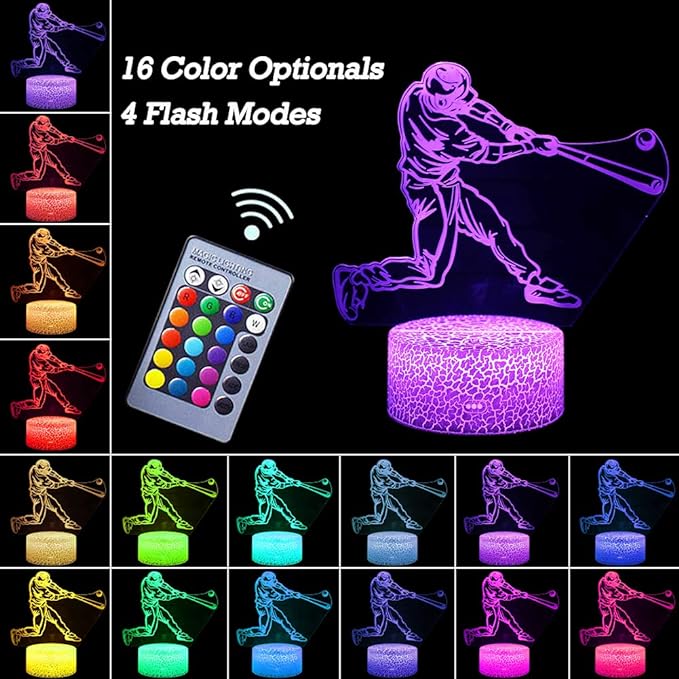 Baseball Player Night Light,3D Illusion Lamp Baseball Player Lights for Kids Room,16 Colors & Flashing Modes with Remote Control Opreated Dimmable Christmas Birthday Gifts for Boys Girls Kids Children - LeafyLoom