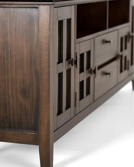 SIMPLIHOME Artisan SOLID WOOD 72 Inch Wide Transitional TV Media Stand in Natural Aged Brown for TVs up to 80 Inch, For the Living Room and Entertainment Center - LeafyLoom