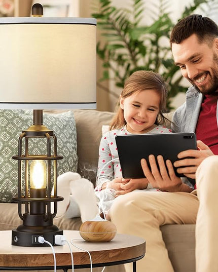 Modern Table Lamps Set of 2, Industrial 3-Way Dimmable Bedside Lamp with USB A+C Ports & AC Outlet, 25" Touch Control Nightstand Lamp LED Night Light for Living Room Bedroom Home(4 Bulbs Included) - LeafyLoom