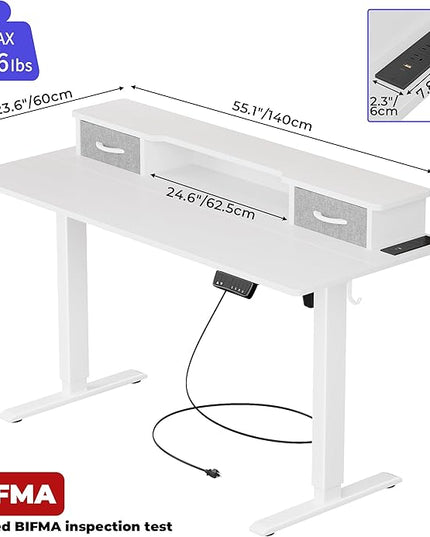 JOISCOPE 55 Inch Electric Standing Adjustable Height Desk with Double Drawer, Home Office Computer Gaming Desk with Storage Shelf and Power Outlets, Sit Stand Desk, White - LeafyLoom