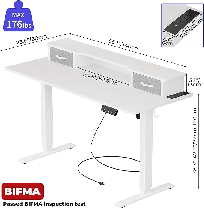 JOISCOPE 55 Inch Electric Standing Adjustable Height Desk with Double Drawer, Home Office Computer Gaming Desk with Storage Shelf and Power Outlets, Sit Stand Desk, White - LeafyLoom