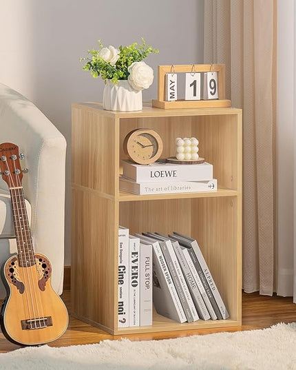 LEYAOYAO 2 Cube Bookshelf,Natural Record Player Stand Holds up to 100 Albums, Mini Wood Book Shelf Storage Organizer,Turntable Stand with Vinyl Storage Cabinet, Narrow Open Bookcase for Small Spaces - LeafyLoom