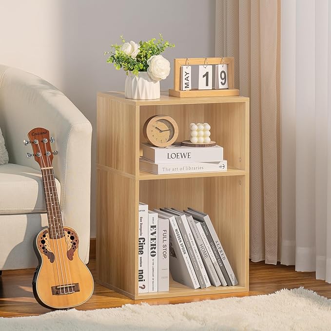 LEYAOYAO 2 Cube Bookshelf,Natural Record Player Stand Holds up to 100 Albums, Mini Wood Book Shelf Storage Organizer,Turntable Stand with Vinyl Storage Cabinet, Narrow Open Bookcase for Small Spaces - LeafyLoom