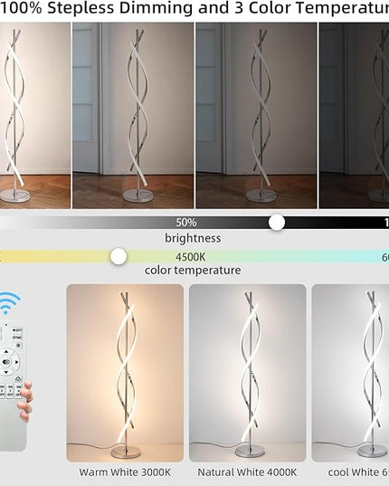LED Modern Floor Lamp for Living Room, 40W 3 Colors Stepless Dimmable and Color-Changing Bright Floor Standing Lamp,60" Unique Spiral Floor Tall Lamp for Bedroom Office with Remote,Chrome - LeafyLoom