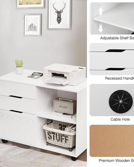 Sweetcrispy 3-Drawer File Cabinet, Lateral Mobile Filing Cabinet Wood Under Desk Storage Organizer with Wheels, Printer Stand & Open Shelves for Home Office Organization - White - LeafyLoom