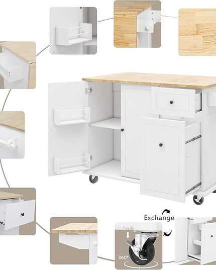 Kitchen Island with Drop Leaf,53.9" W Rolling Mobile Kitchen Cart W/Storage Rack,3 Tier Pull Out Cabinet Organizer,Spice-Rack&Towel-Rack,for Dining Room,Home Bar,White - LeafyLoom