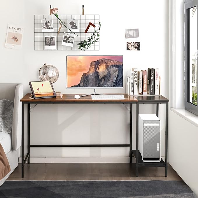 Multifunctional Computer Desk, Industrial Study Writing Desk w/Removable Storage Shelf, Heavy-Duty Metal Frame, 55 Inch Desk for Home Office, Gaming Room, Bedroom (Rustic Brown) - LeafyLoom