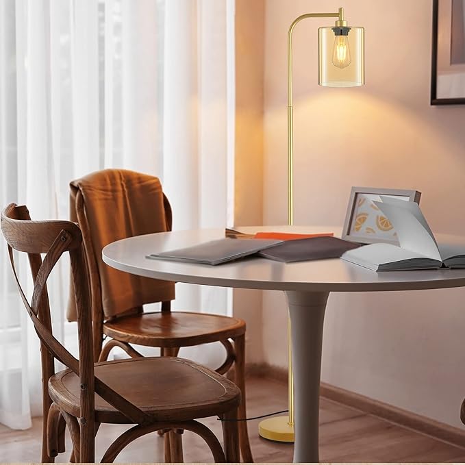 Industrial Floor Lamp, Gold Standing Lamp with Gold Glass Lampshade, 6W LED Bulb Included, Modern Floor Lamp with Foot Switch, Bright LED Floor Lamp for Living Room and Bedroom, Office, Simple Style - LeafyLoom