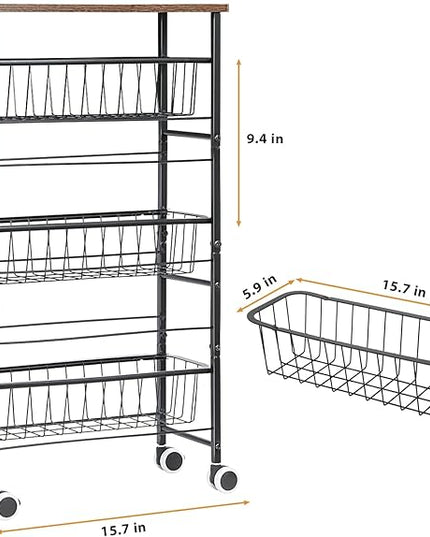 4-Tier Slim Storage Cart, Kitchen Rolling Utility Cart Bathroom Organizer Laundry Room Organization Mobile Shelving Unit with Slide-Out Metal Wire Baskets, Wooden Tabletop & Wheels for Narrow Space - LeafyLoom