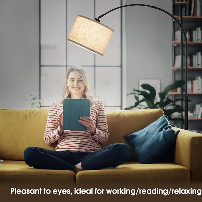Dimmable Floor Lamp, Arc Floor Lamp with Dimmer, Black Standing Lamp with Adjustable Hanging Shade, Over Couch Tall Reading Light, Modern Pole Lamp for Living Room Bedroom, 9W LED Bulb Included - LeafyLoom