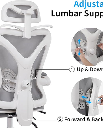 Ergonomic Office Chair with Footrest | Adjustable Lumbar Support, Reclining Desk Chair with Leg Rest, Comfortable Mesh Computer Chair for Home & Office (Grey) - LeafyLoom