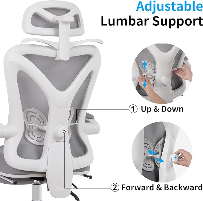 Ergonomic Office Chair with Footrest | Adjustable Lumbar Support, Reclining Desk Chair with Leg Rest, Comfortable Mesh Computer Chair for Home & Office (Grey) - LeafyLoom