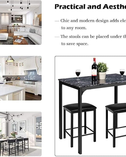 ARLIME 3-Piece Dining Table Set, 2 Chairs and 1 Table with Faux Marble Tabletop, Indoor Modern Dining Table Furniture Set with Metal Frame, for Kitchen, Dining Room, Bar (Black) - LeafyLoom