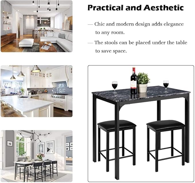 ARLIME 3-Piece Dining Table Set, 2 Chairs and 1 Table with Faux Marble Tabletop, Indoor Modern Dining Table Furniture Set with Metal Frame, for Kitchen, Dining Room, Bar (Black) - LeafyLoom