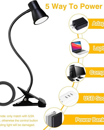 Clip on Light Reading for Bed LED Desk Lights 3 Color Modes 10 Brightness USB Lamp Eye Care 360° Flexible Gooseneck Dimmable for Headboard Computer Read Books Task Lamps with Adapter Bookmark(Black) - LeafyLoom