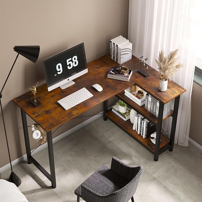 COTUBLR L Shaped Computer Desk, 47 Inch Small Corner Desk with Storage Shelves, Computer Desk Table Laptop Table Writing Desk Study Table for Home Office Workstation Small Spaces (Rustic Brown) - LeafyLoom