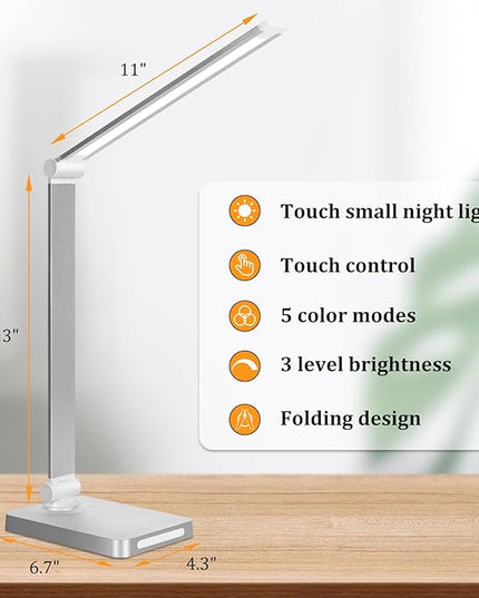 Dott Arts LED Desk Lamp with USB Ports,Touch Desk Lamps for Home Office with 5 Color Modes,3 Brightness Desk Light with Small Night Light,Reading Lamp Table LED Lamp for Bedroom Bedsid Study Sliver - LeafyLoom