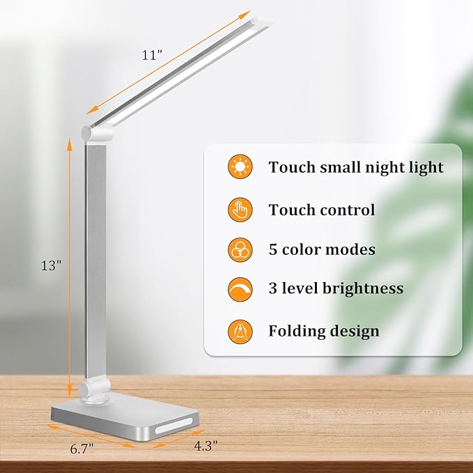 Dott Arts LED Desk Lamp with USB Ports,Touch Desk Lamps for Home Office with 5 Color Modes,3 Brightness Desk Light with Small Night Light,Reading Lamp Table LED Lamp for Bedroom Bedsid Study Sliver - LeafyLoom