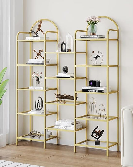 5 tier Bookcase Bookshelf, Tempered Glass Bookshelves, Triple Wide Glass Storage Rack with 14 Open Storage Spaces, Display Shelf for Living Room, Home Office, Bedroom, Gold BC50101G - LeafyLoom