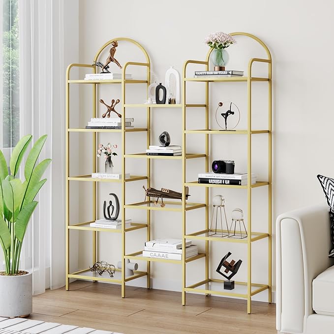 5 tier Bookcase Bookshelf, Tempered Glass Bookshelves, Triple Wide Glass Storage Rack with 14 Open Storage Spaces, Display Shelf for Living Room, Home Office, Bedroom, Gold BC50101G - LeafyLoom