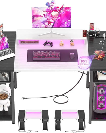 armocity Computer Desk with LED Lights, 48 Inch Desk with Power Outlet and USB, Reversible Large Desk with Moveable Monitor Stand, 48'' Gaming PC Table for Home Office, Workstation, White and Black - LeafyLoom