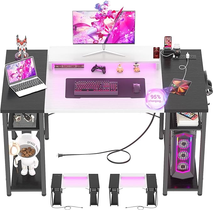 armocity Computer Desk with LED Lights, 48 Inch Desk with Power Outlet and USB, Reversible Large Desk with Moveable Monitor Stand, 48'' Gaming PC Table for Home Office, Workstation, White and Black - LeafyLoom