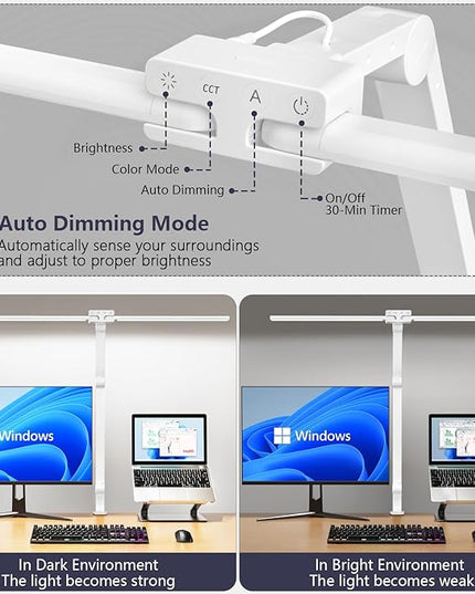 KableRika Desk Lamp,Double Head Desk Lamp with Clamp,24W Led Desk Lights for Home Office Ultra Bright Architect Table Lamp 4 Brightness 4 Color,Auto Dimming Task Lamp for Monitor Work Study White - LeafyLoom