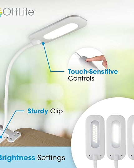 OttLite Flexible Soft Touch LED Clip Lamp with ClearSun LED Technology - Sturdy Clip Light is Dimmable & Flexible - Travel-Friendly & Portable Reading Lamp for Home, Desks, Tables, & Bookshelves - LeafyLoom