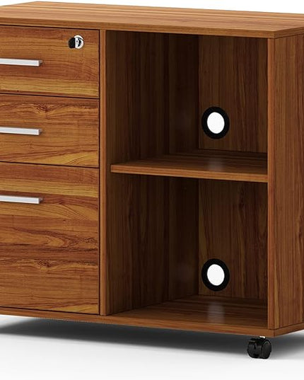 Maxtown Wood Filing Cabinet, Mobile Lateral Filing Cabinet with Lock, 3 Drawer Filing Cabinet with Open Storage Shelves, Printer Stand for Home Office, Teak - LeafyLoom