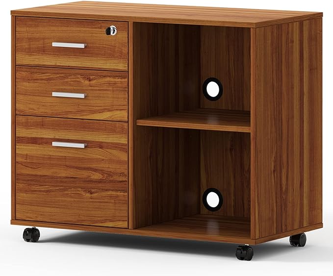 Maxtown Wood Filing Cabinet, Mobile Lateral Filing Cabinet with Lock, 3 Drawer Filing Cabinet with Open Storage Shelves, Printer Stand for Home Office, Teak - LeafyLoom