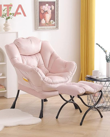 LITA Lazy Chair with Ottoman, Modern Accent Leisure Upholstered Sofa Chair, Contemporary Lounge Reading Chair with Armrests and a Side Pocket for Living Room, Bedroom & Small Space, Pink - LeafyLoom
