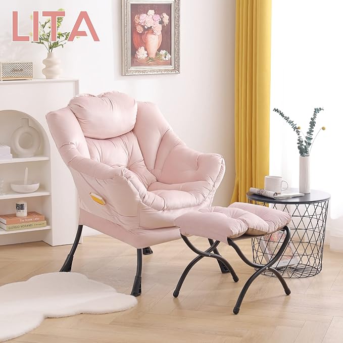 LITA Lazy Chair with Ottoman, Modern Accent Leisure Upholstered Sofa Chair, Contemporary Lounge Reading Chair with Armrests and a Side Pocket for Living Room, Bedroom & Small Space, Pink - LeafyLoom