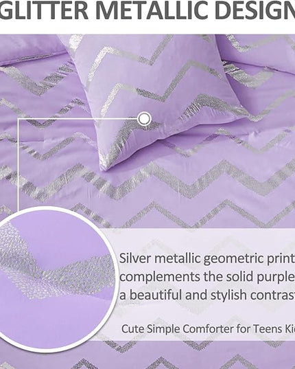 Purple/Silver Comforter Set Queen, Lavender Metallic Print Glitter Bedding Set Cute Shinny Lilac Bed Sets for Teen Girls Kids Women, 4 Piece (2 Pillowcases, 1 Decorative Pillow Sham) - LeafyLoom