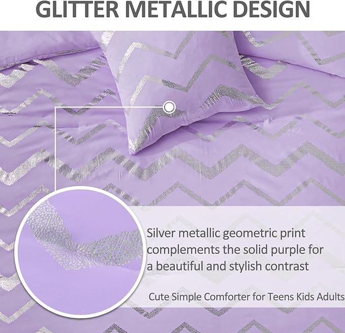 Purple/Silver Comforter Set Queen, Lavender Metallic Print Glitter Bedding Set Cute Shinny Lilac Bed Sets for Teen Girls Kids Women, 4 Piece (2 Pillowcases, 1 Decorative Pillow Sham) - LeafyLoom