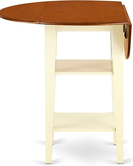 East West Furniture SUKE5H-BMK-W Sudbury 5 Piece Kitchen Counter Height Dining Set Includes a Round Table with Dropleaf & Shelves and 4 Wooden Chairs, 42x42 Inch - LeafyLoom