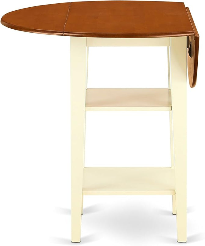 East West Furniture SUKE3H-BMK-W Sudbury 3 Piece Kitchen Counter Height Set Contains a Round Wooden Table with Dropleaf & Shelves and 2 Dining Chairs, 42x42 Inch - LeafyLoom