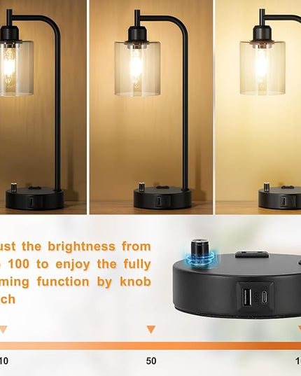 Industrial Nightstand Lamps for Bedrooms Set of 2 - Fully Dimmable Bedside Lamps with USB A C Ports and Outlet, Black Table Lamps with Clear Glass Shade for Living Room, Desk Lamps for Office Reading - LeafyLoom
