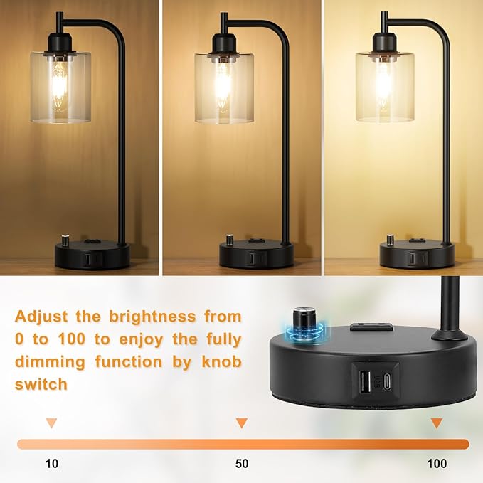 Industrial Nightstand Lamps for Bedrooms Set of 2 - Fully Dimmable Bedside Lamps with USB A C Ports and Outlet, Black Table Lamps with Clear Glass Shade for Living Room, Desk Lamps for Office Reading - LeafyLoom