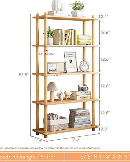 IOTXY 5-Tier Wooden Shelf Bookcase - Modern Open Bookshelf, Free Standing Storage Rack, Multifunctional Display Stand for Home and Office, Oak, Rectangle - LeafyLoom