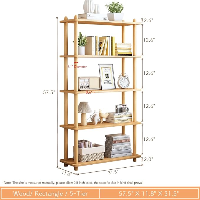 IOTXY 5-Tier Wooden Shelf Bookcase - Modern Open Bookshelf, Free Standing Storage Rack, Multifunctional Display Stand for Home and Office, Oak, Rectangle - LeafyLoom
